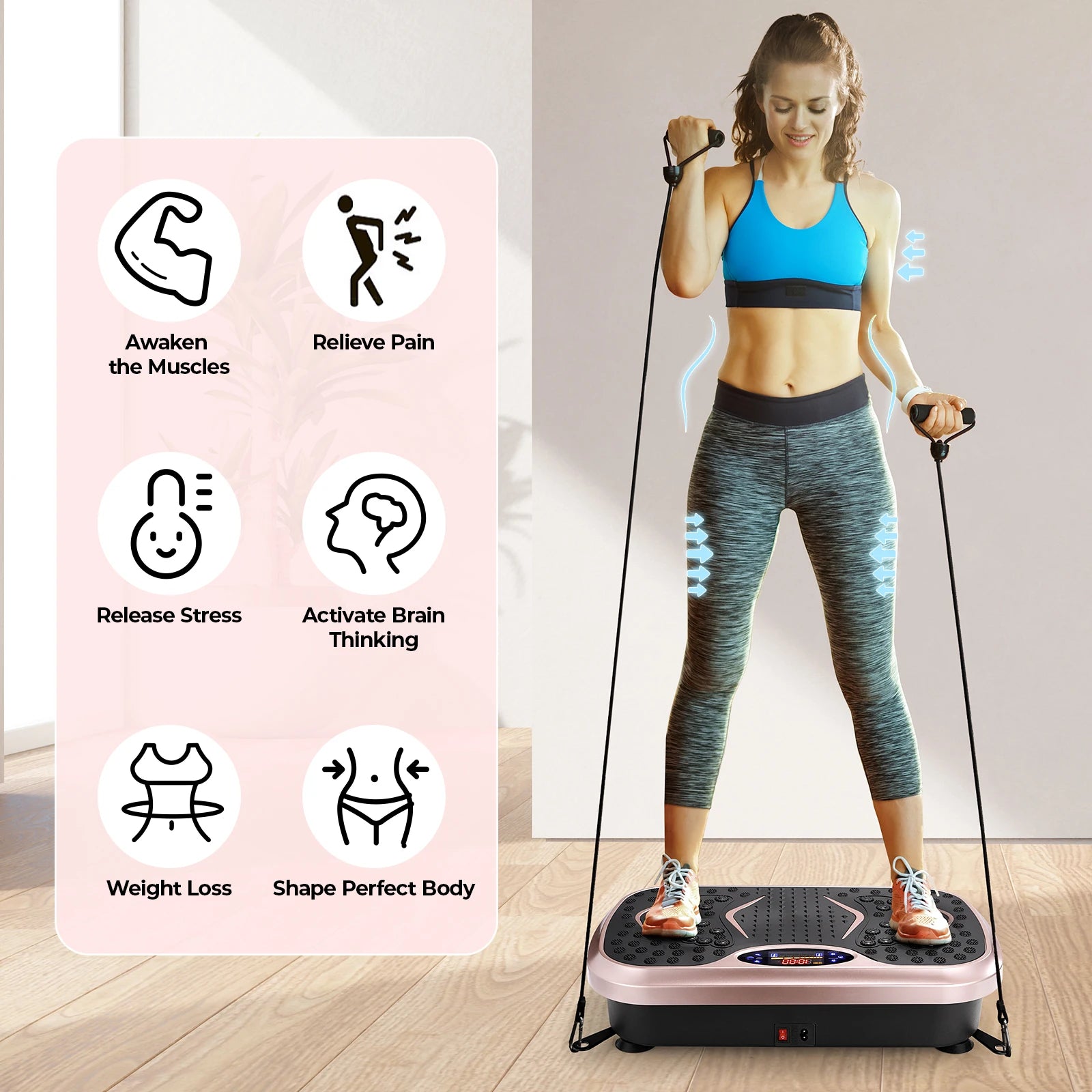 Woman using vibration plate exercise machine with resistance bands for muscle awakening and body shaping