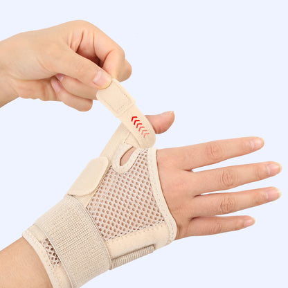 Flexible breathable wrist splint in beige with adjustable straps for hand support and comfort