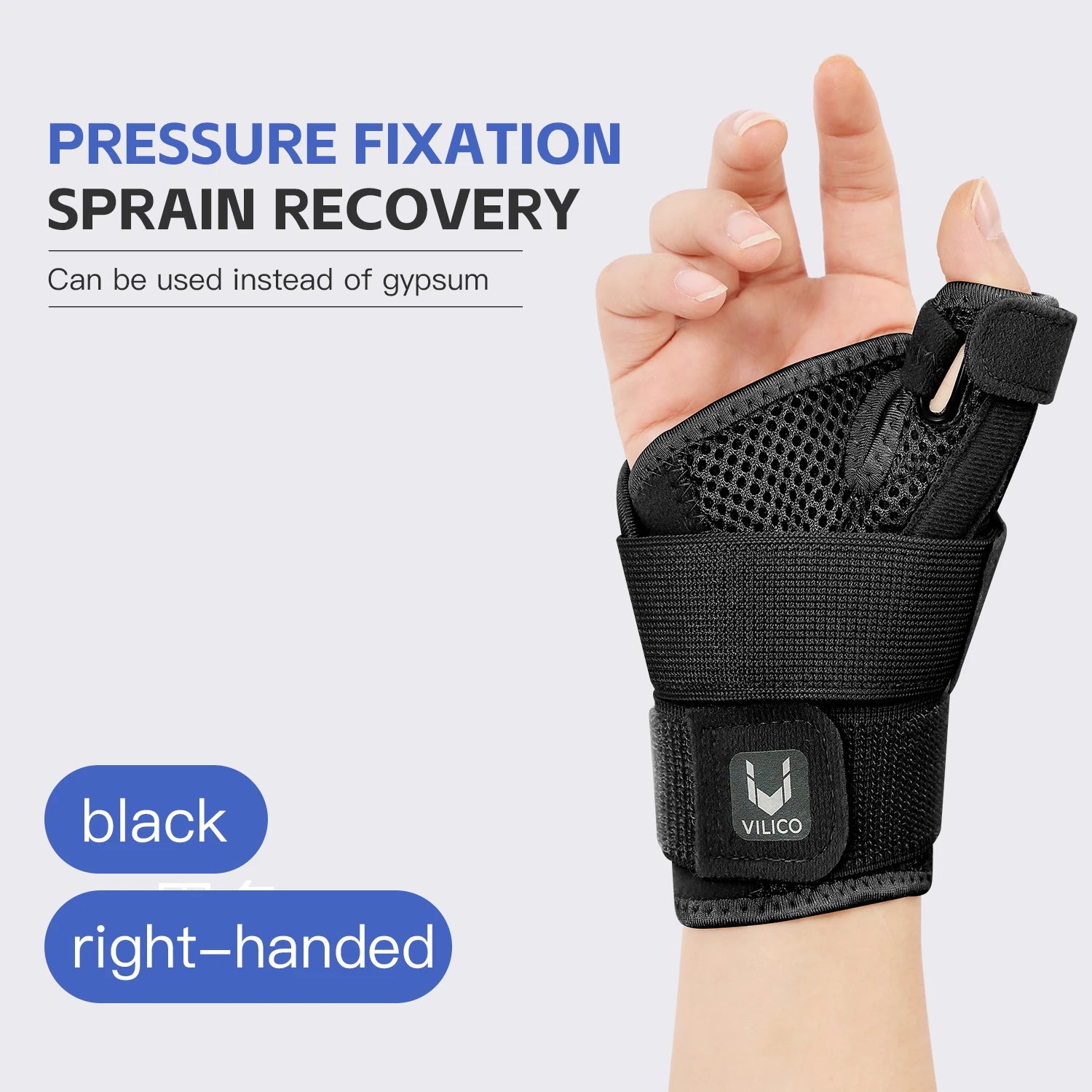 Black flexible breathable wrist splint worn on right hand for sprain recovery and pressure fixation