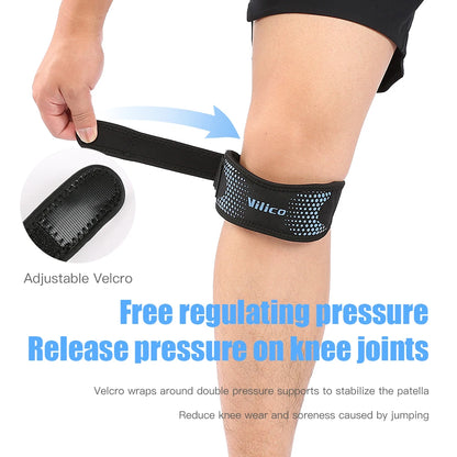 Patella knee strap for pain relief with adjustable Velcro strap on a person's knee
