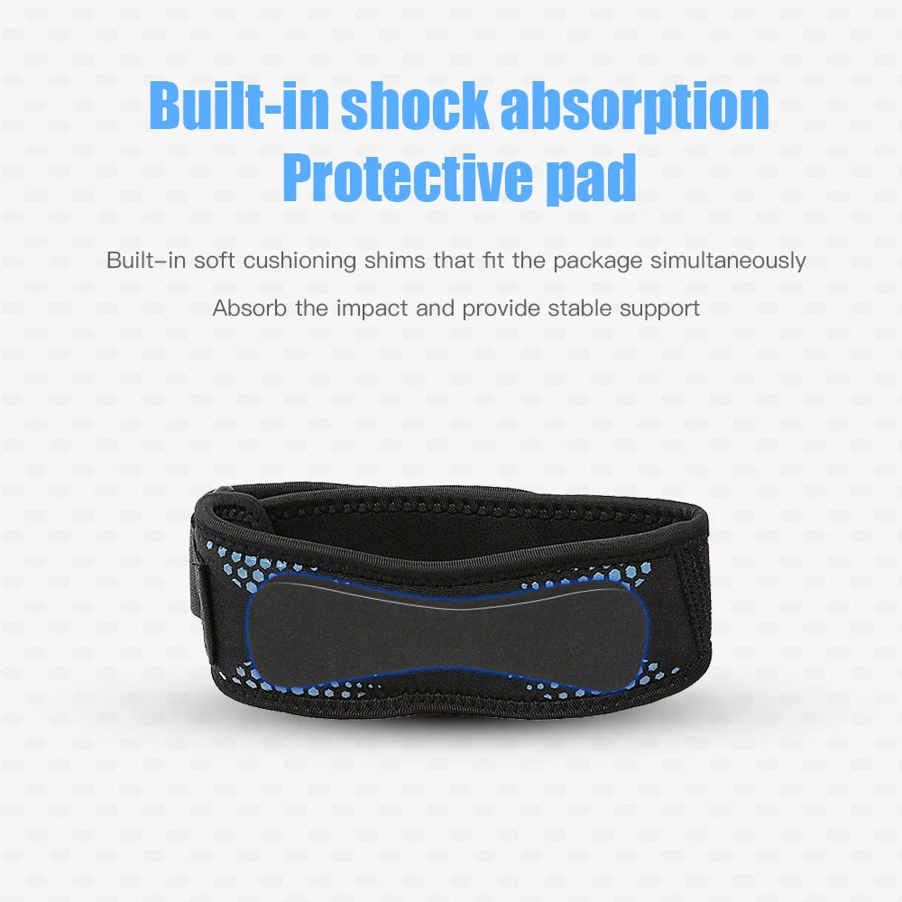 Black patella knee strap for pain relief with built-in shock absorption and protective pad by Zorelie.co