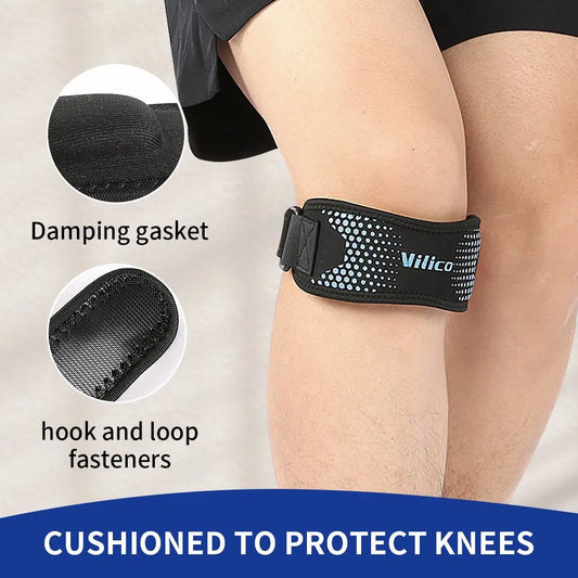 Patella knee strap for pain relief with damping gasket and hook and loop fasteners on a bent leg
