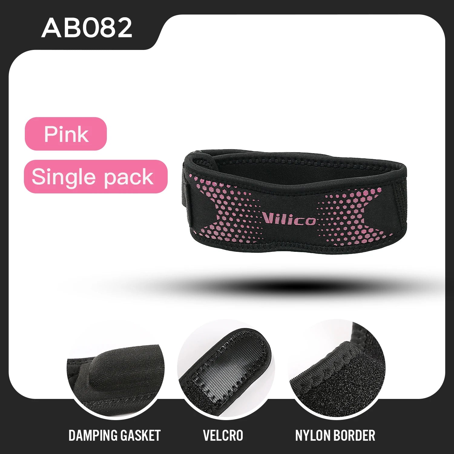 Zorelie.co patella knee strap for pain relief in black with pink accents featuring damping gasket velcro and nylon border