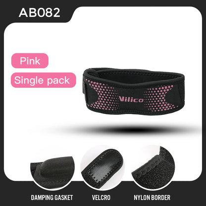 Zorelie.co patella knee strap for pain relief in black with pink accents featuring damping gasket velcro and nylon border
