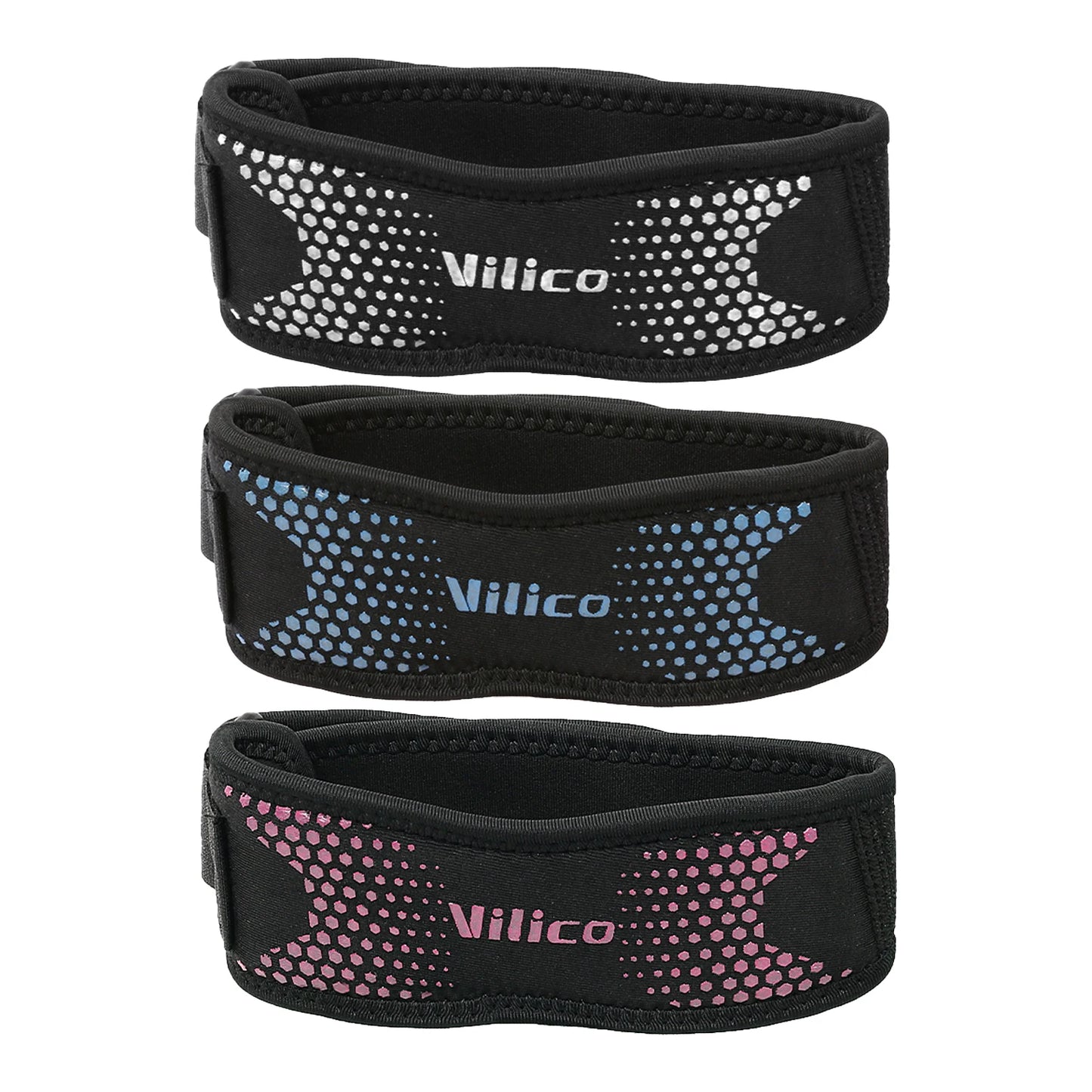 Set of three Vilico patella knee straps for pain relief in black with white blue and pink accents
