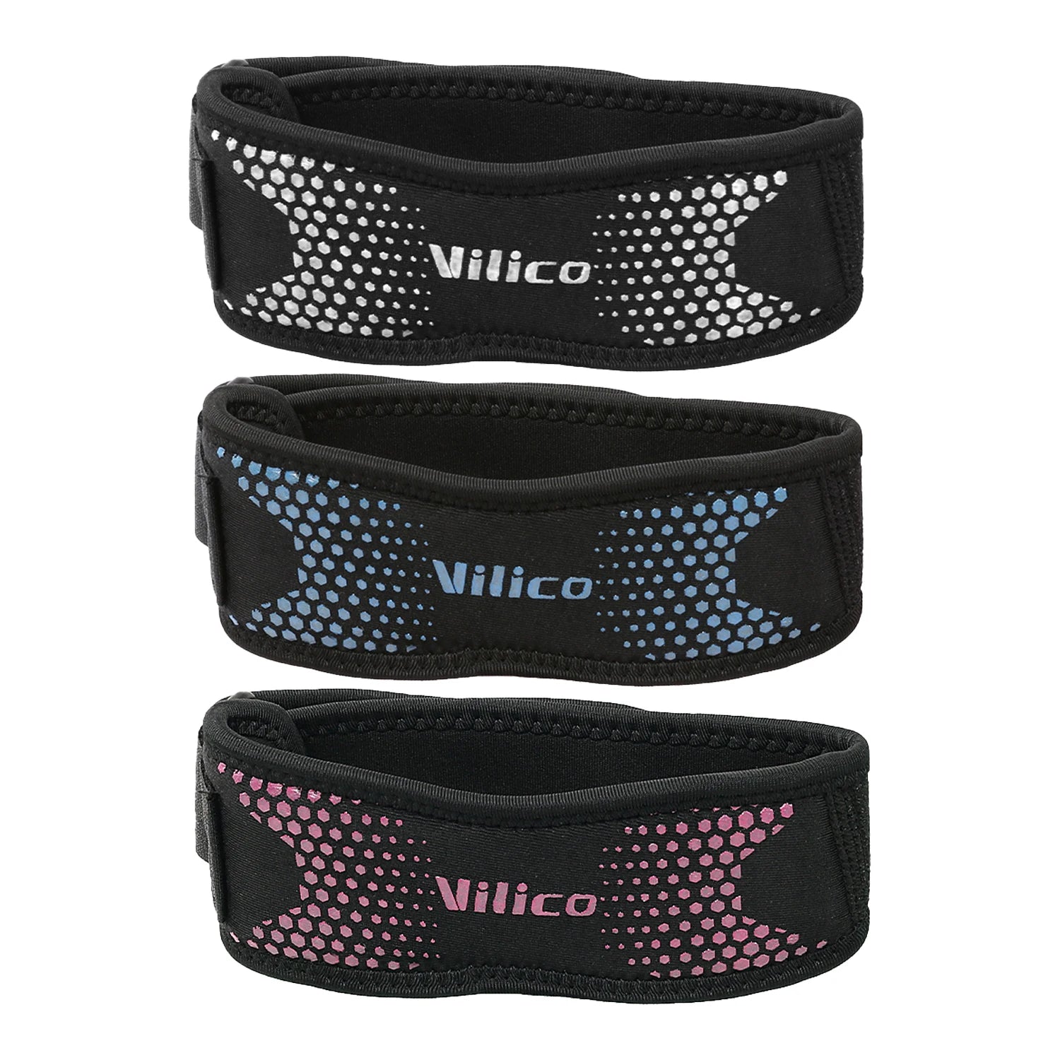 Set of three Vilico patella knee straps for pain relief in black with white blue and pink accents
