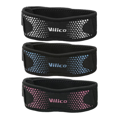 Set of three Vilico patella knee straps for pain relief in black with white blue and pink accents