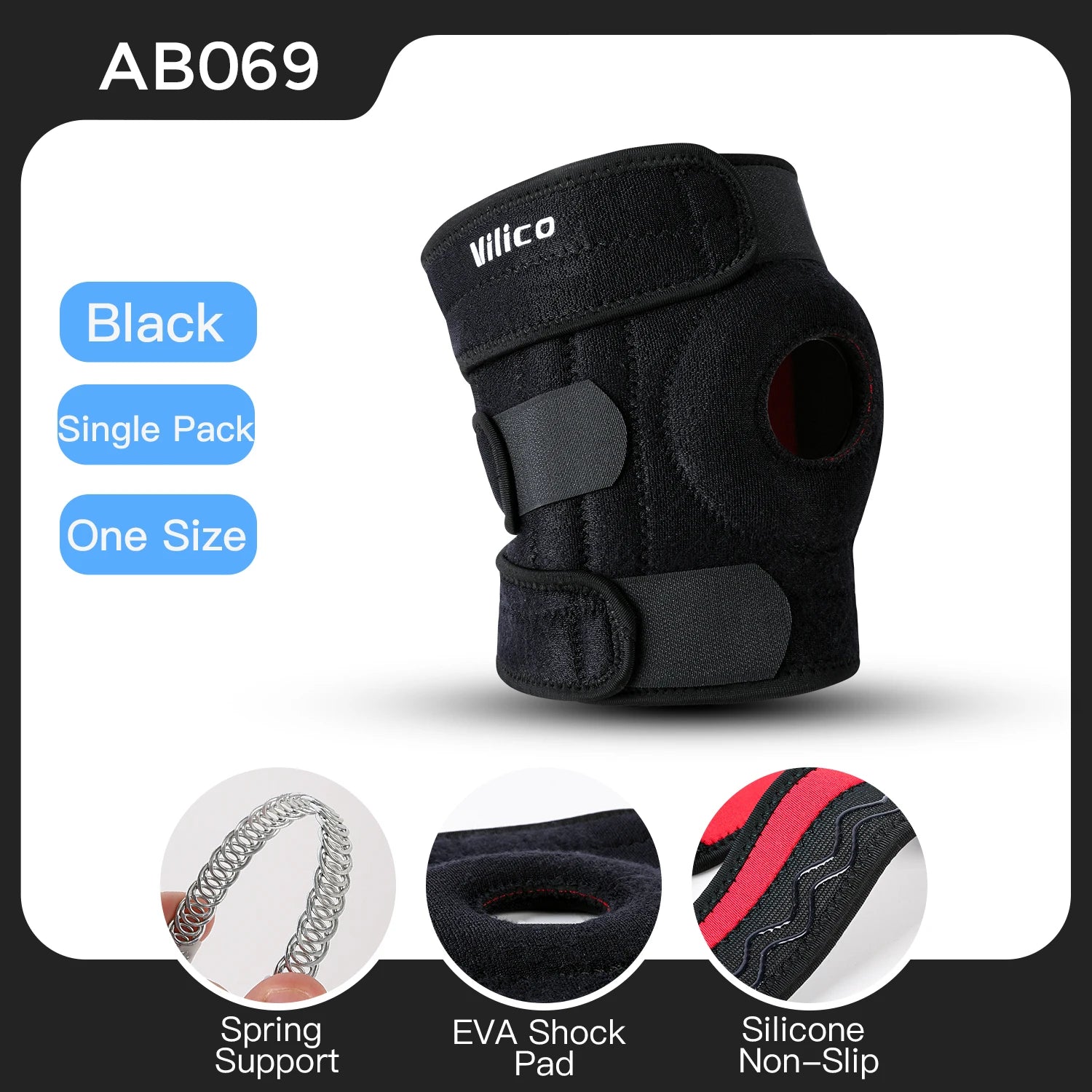 Black adjustable knee brace with side stabilizers featuring spring support EVA shock pad and silicone non-slip