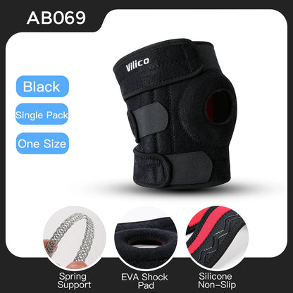 Black adjustable knee brace with side stabilizers featuring spring support EVA shock pad and silicone non-slip