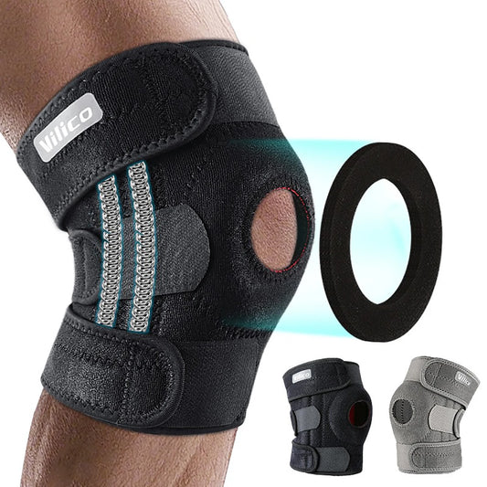 Adjustable knee brace with side stabilizers in black and gray for knee support and injury recovery