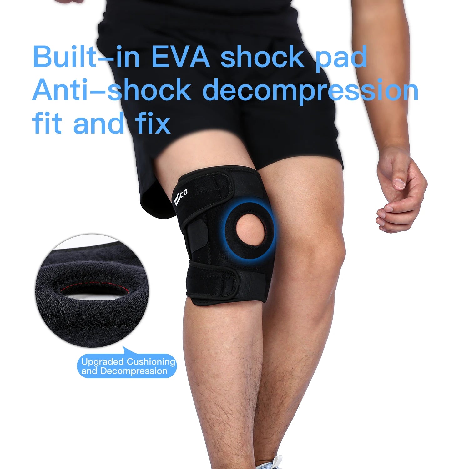 Adjustable knee brace with side stabilizers worn on a bent knee showing built-in EVA shock pad