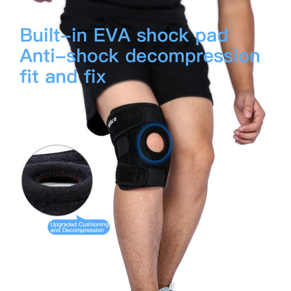 Adjustable knee brace with side stabilizers worn on a bent knee showing built-in EVA shock pad
