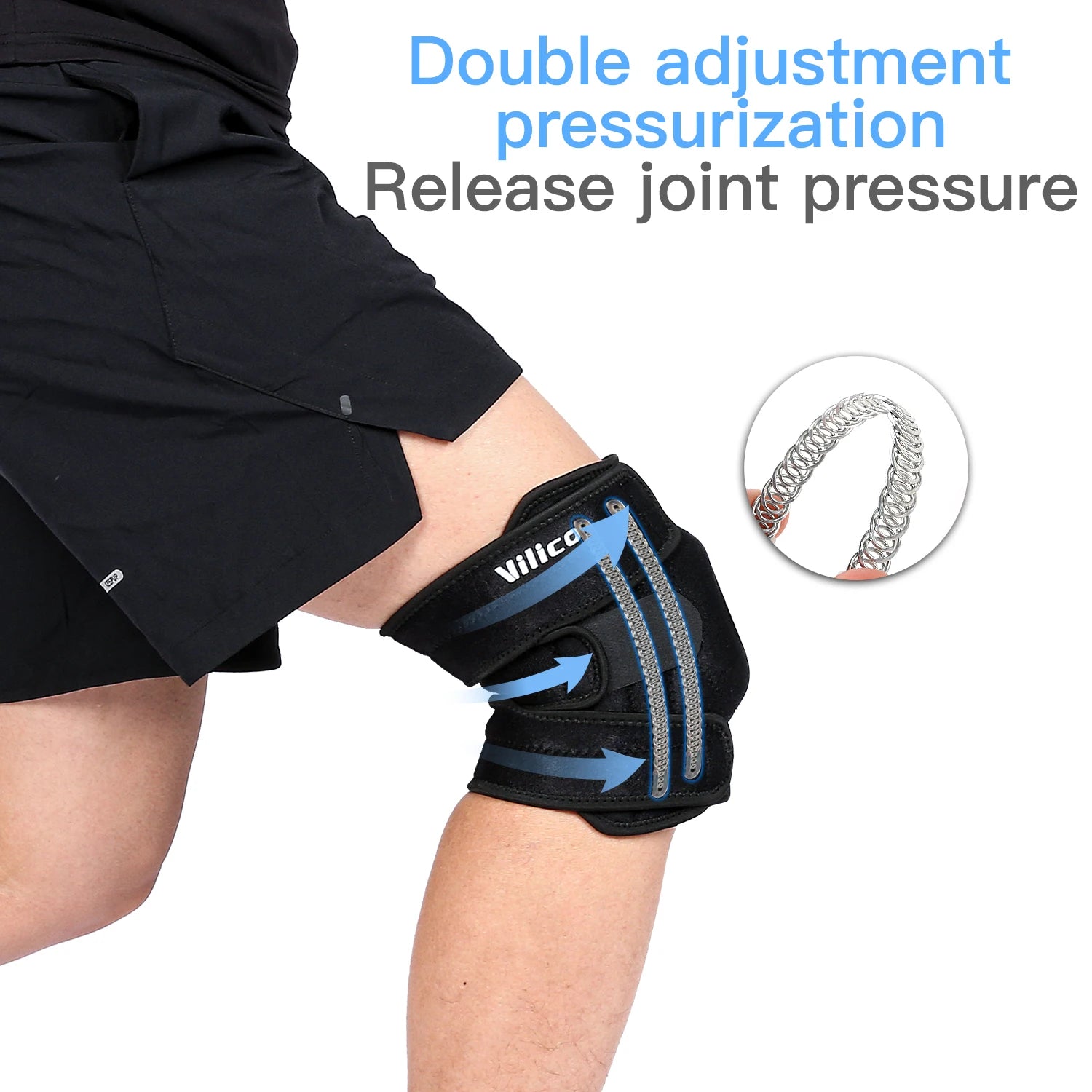Adjustable knee brace with side stabilizers in black worn on bent knee for joint support