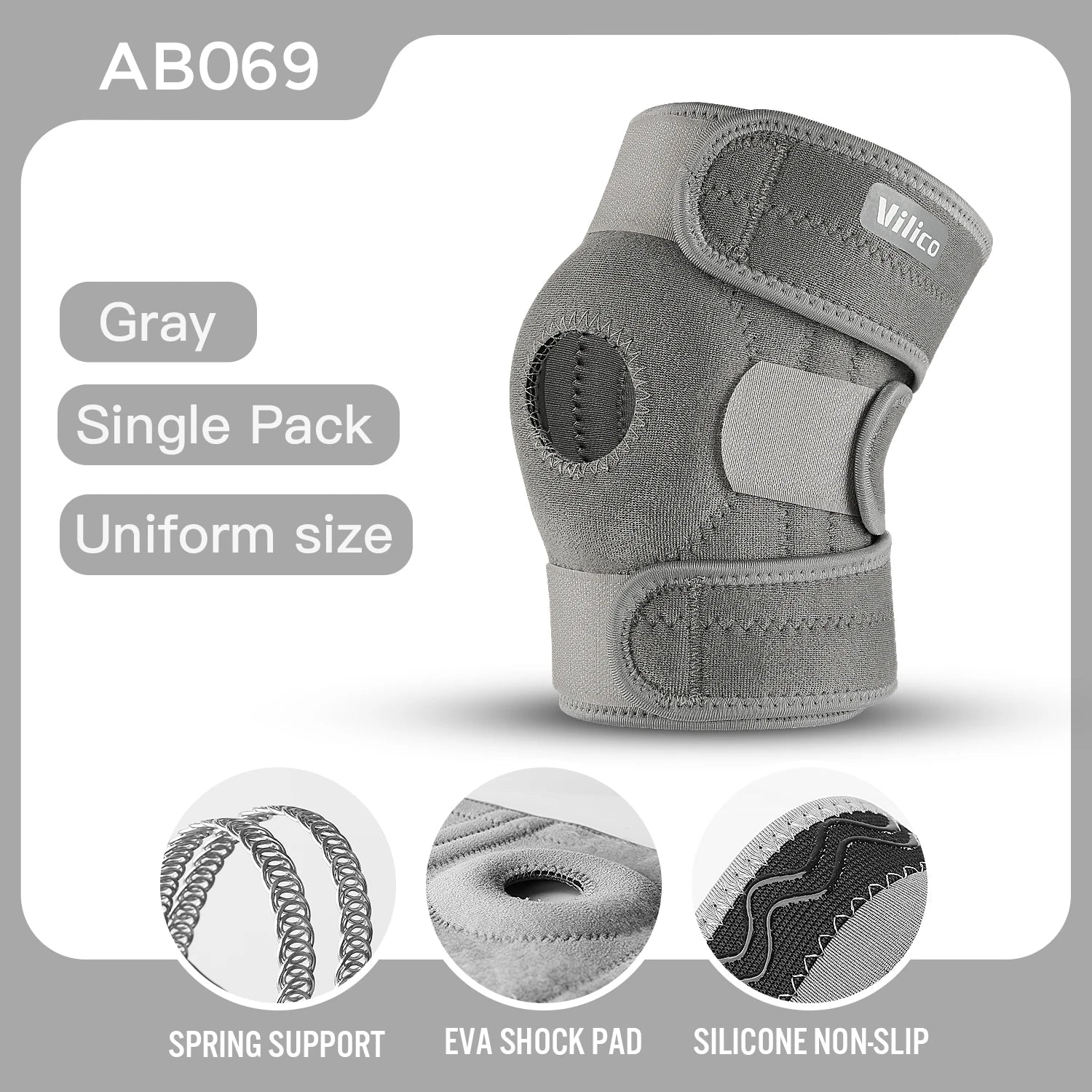 Gray adjustable knee brace with side stabilizers featuring spring support EVA shock pad and silicone non-slip