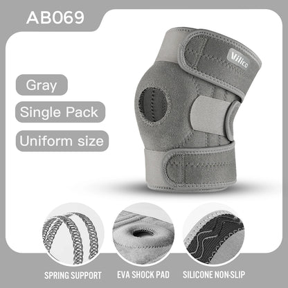 Gray adjustable knee brace with side stabilizers featuring spring support EVA shock pad and silicone non-slip