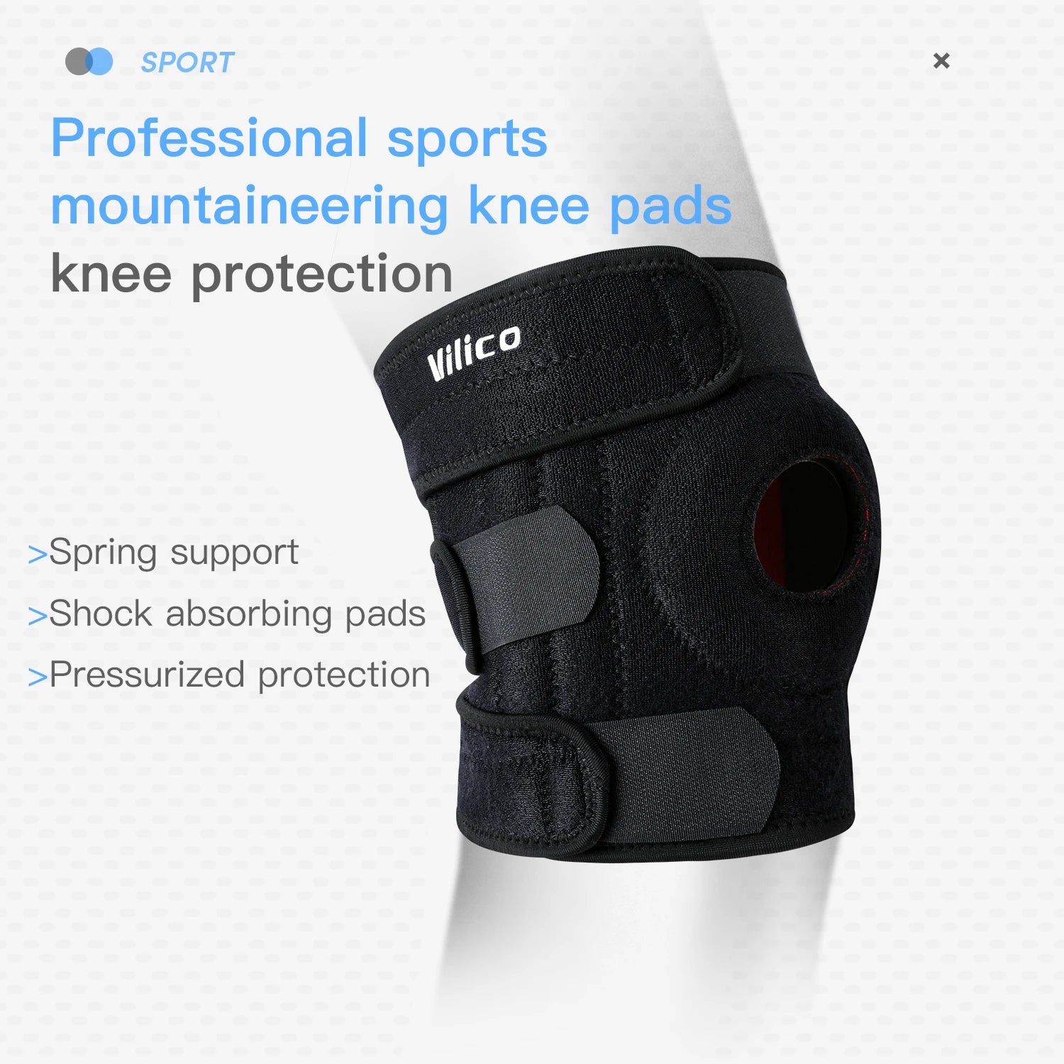 Adjustable knee brace with side stabilizers providing spring support and shock absorbing pads