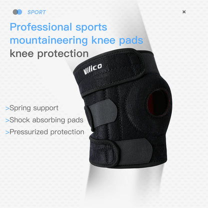 Adjustable knee brace with side stabilizers providing spring support and shock absorbing pads