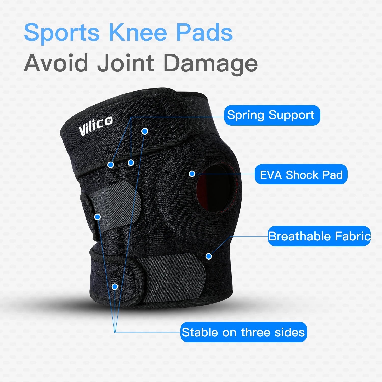 Adjustable knee brace with side stabilizers featuring spring support, EVA shock pad, and breathable fabric