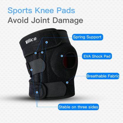 Adjustable knee brace with side stabilizers featuring spring support, EVA shock pad, and breathable fabric