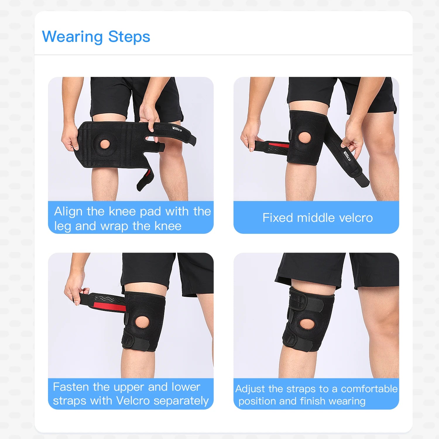 Step-by-step wearing instructions for adjustable knee brace with side stabilizers on a person's leg