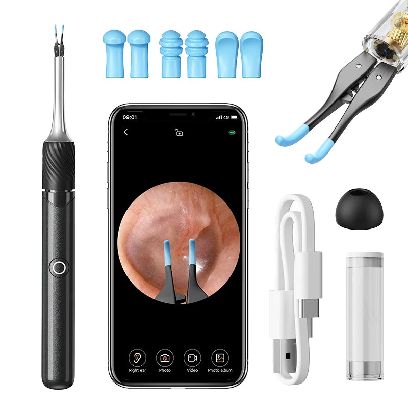 Visual ear cleaner with camera showing ear canal view on smartphone with accessories included