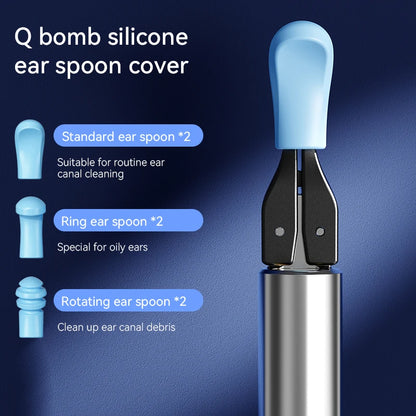Visual ear cleaner with camera showing Q bomb silicone ear spoon cover and three types of ear spoons for cleaning