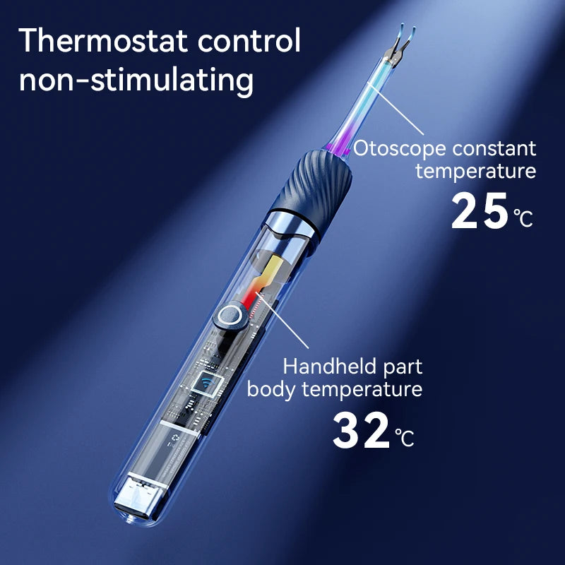 Visual ear cleaner with camera showing thermostat control and temperature settings for safe ear cleaning