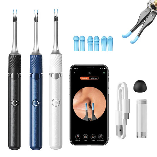 Visual ear cleaner with camera in black blue and white with smartphone display and cleaning tips