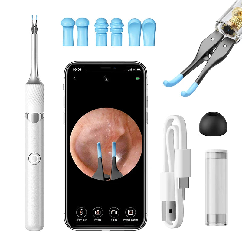 Visual ear cleaner with camera showing ear canal image on smartphone with tips and accessories