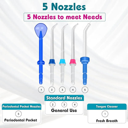 Set of 5 nozzles for electric water flosser for teeth cleaning including periodontal, general use, and tongue cleaner tips