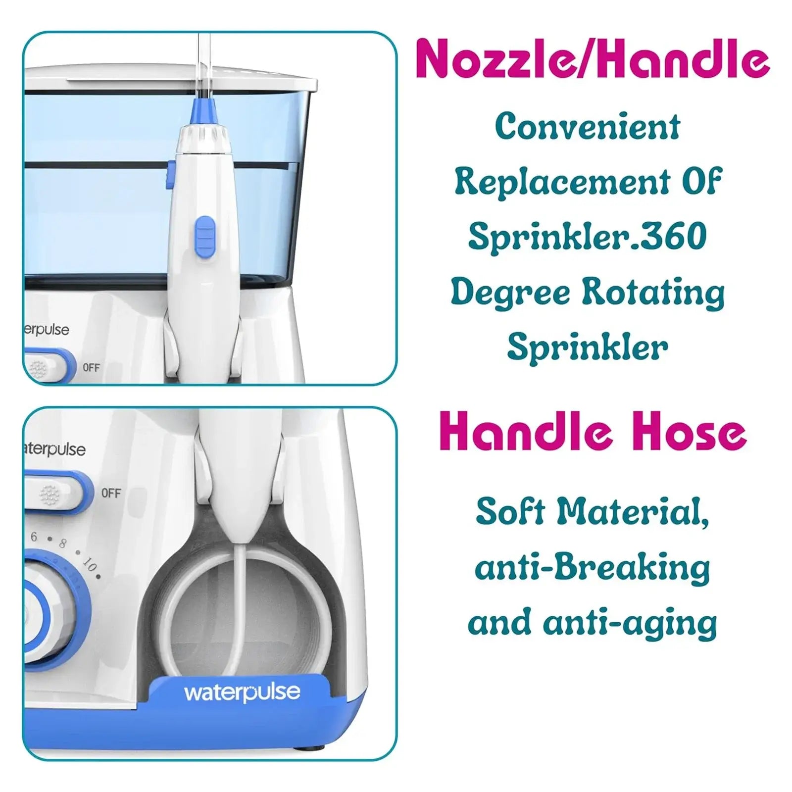 Zorelie electric water flosser for teeth cleaning with 360 degree rotating nozzle and soft anti-breaking handle hose