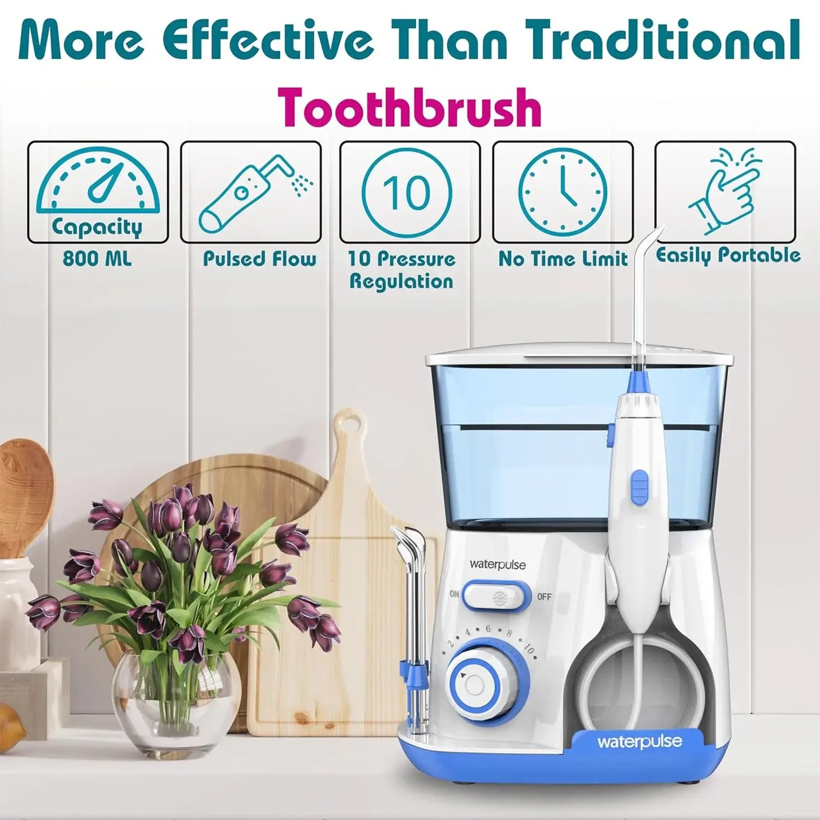 Zorelie.co electric water flosser for teeth cleaning with 800 ml capacity and 10 pressure settings