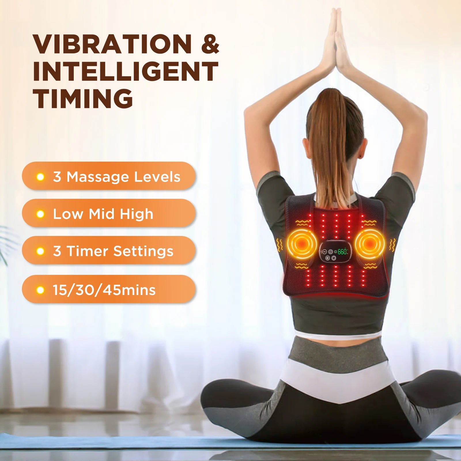 Wireless knee heating pad with vibration and intelligent timing showing 3 massage levels and timer settings