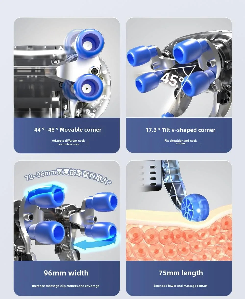Close-up view of blue massage nodes and adjustable parts of wireless trapezius massage pillow showing movable corners and dimensions