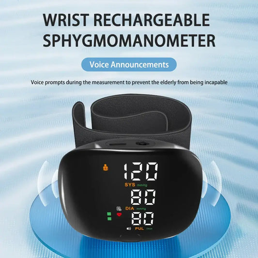 Zorelie.co digital wrist blood pressure monitor with rechargeable design and voice announcements