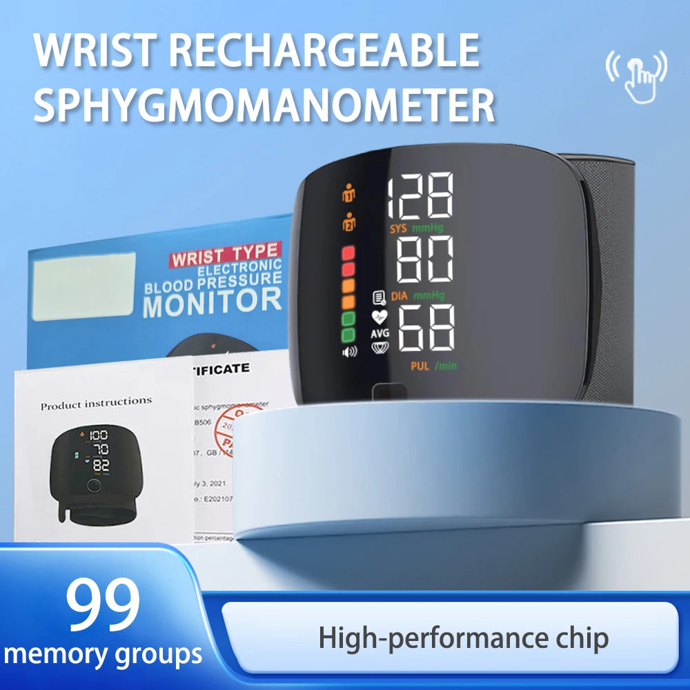 Digital wrist blood pressure monitor with rechargeable design and 99 memory groups by Zorelie.co