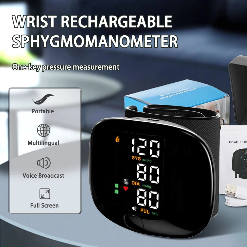 Zorelie.co digital wrist blood pressure monitor with rechargeable battery and clear LCD display