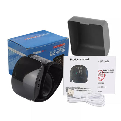Zorelie.co digital wrist blood pressure monitor with black cuff, user manual, certificate, USB charging cable, and blue packaging box