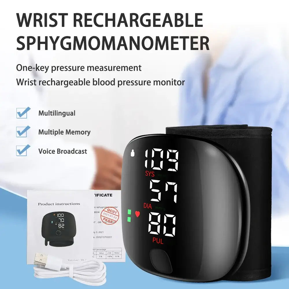 Zorelie.co digital wrist blood pressure monitor with clear LED display and USB charging cable