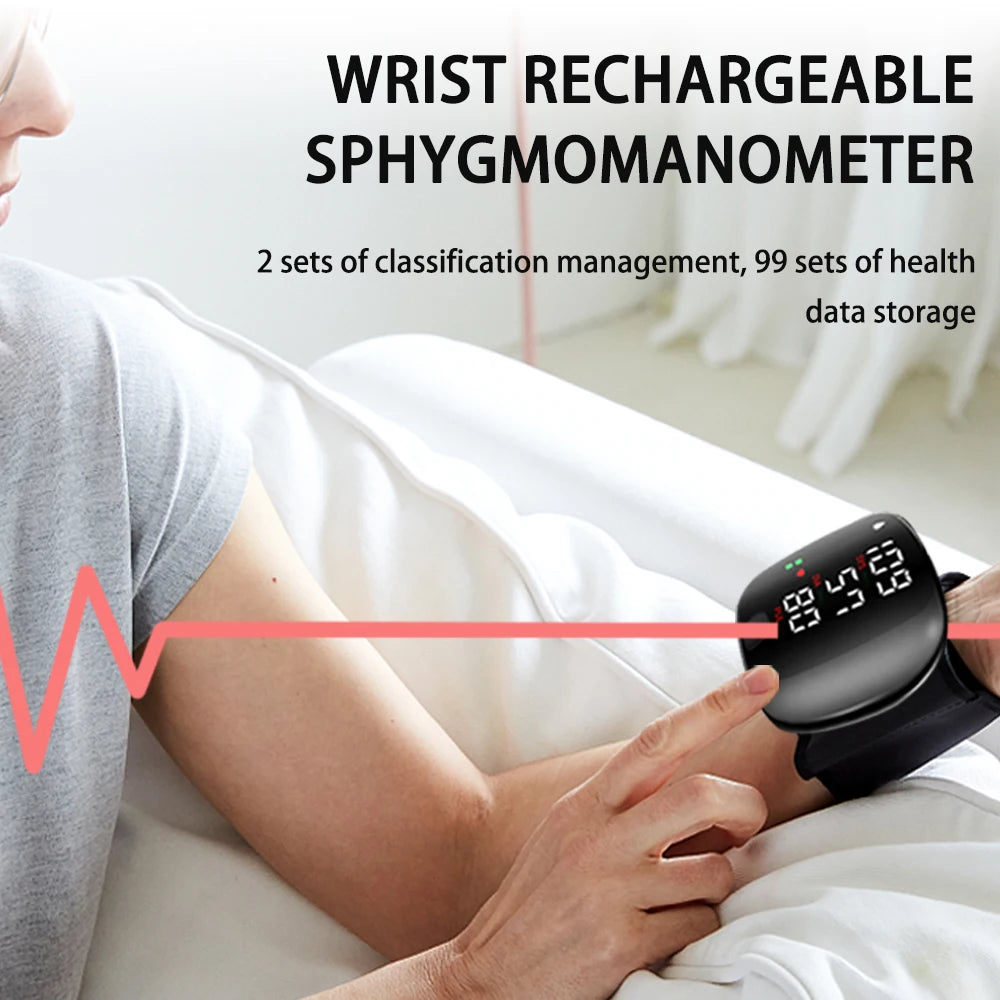 Digital wrist blood pressure monitor worn on wrist with clear LED display and health data storage