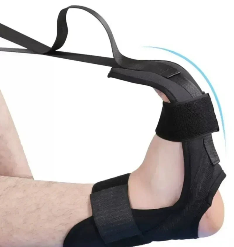 Black yoga leg stretching strap securing foot and ankle for effective leg stretches and improved flexibility