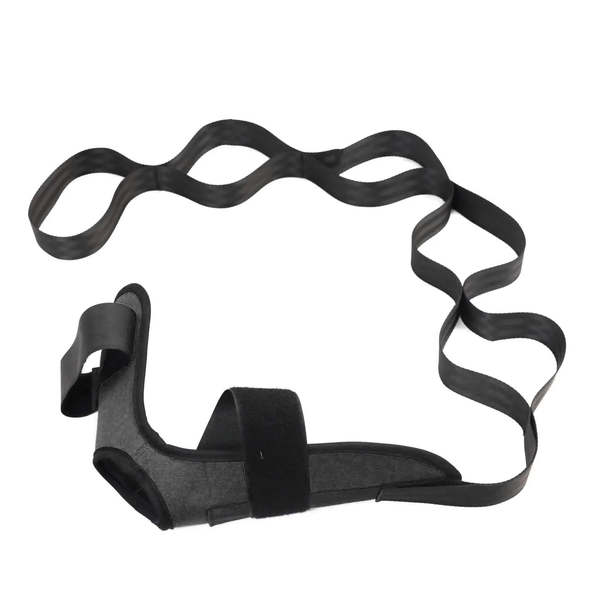 Zorelie.co black yoga leg stretching strap with adjustable loops and padded foot support