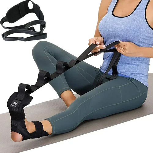 Zorelie.co yoga leg stretching strap used by a woman for assisted leg stretches and flexibility exercises