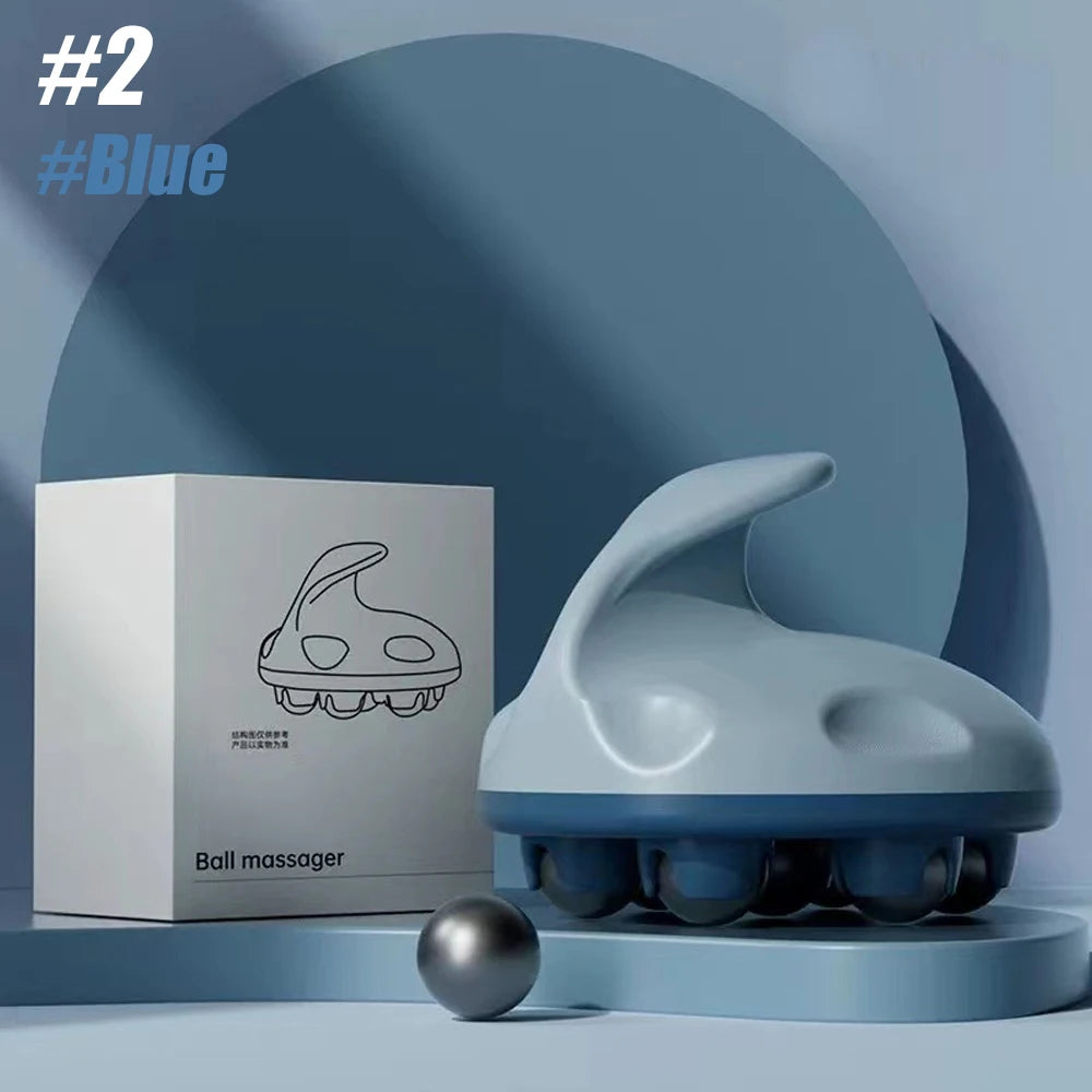 Blue metal ball hand roller massager with ergonomic handle and stainless steel balls beside white packaging box