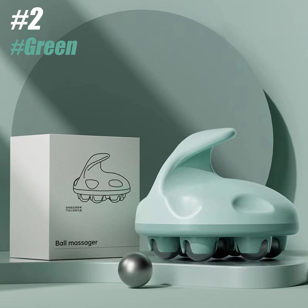 Green metal ball hand roller massager with ergonomic handle and stainless steel balls beside packaging box