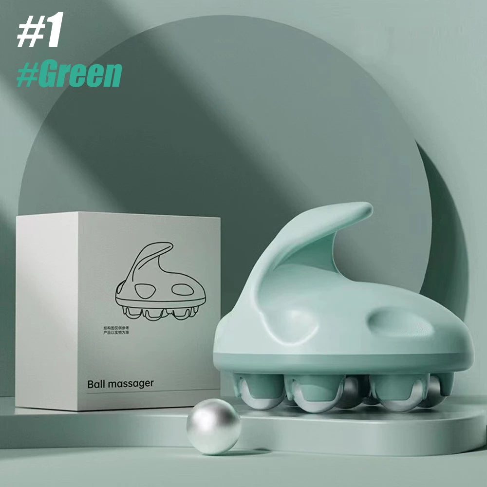Green metal ball hand roller massager with ergonomic handle and packaging box on a green background