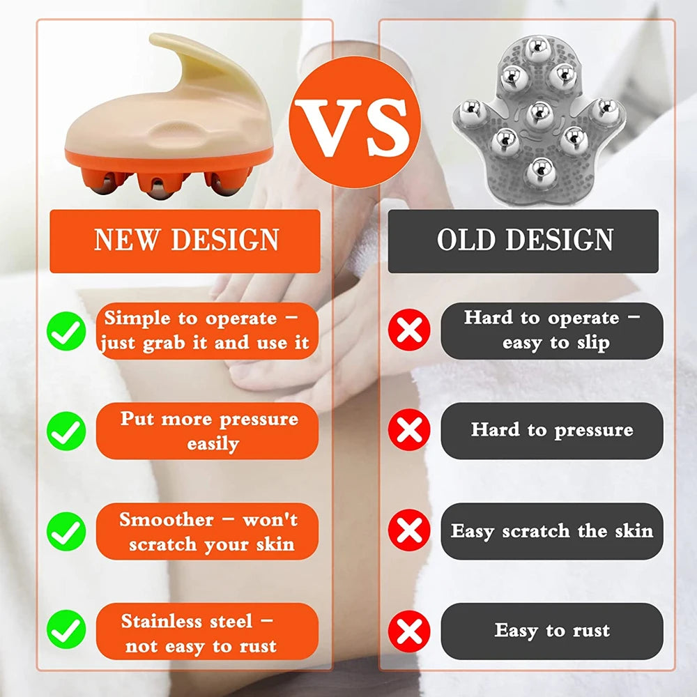 Comparison image showing new and old design metal ball hand roller massager with features and benefits