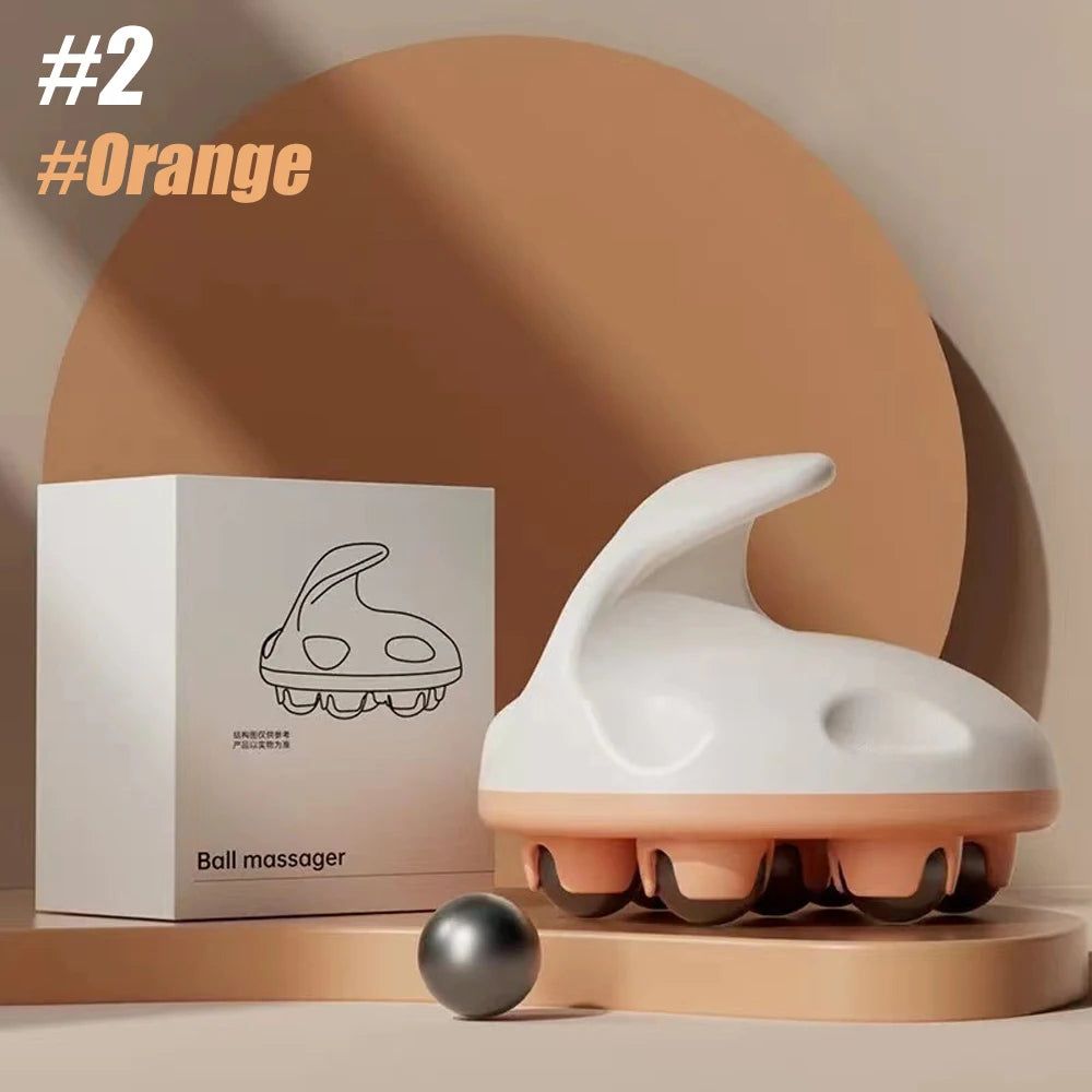 Orange metal ball hand roller massager with ergonomic handle and packaging box