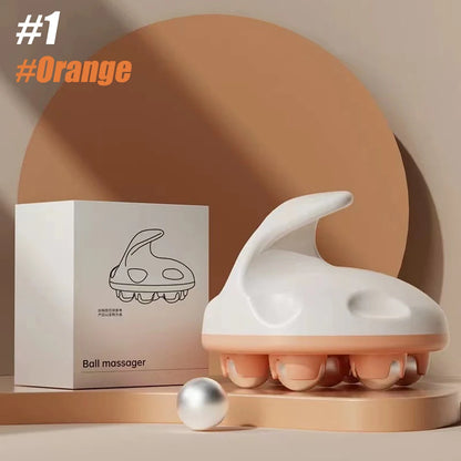 Orange metal ball hand roller massager with ergonomic handle and packaging by Zorelie.co