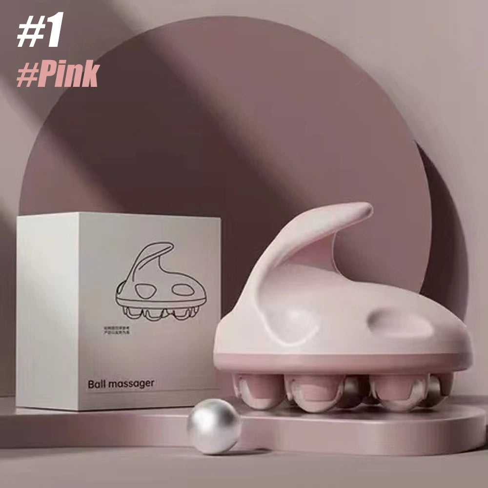 Pink metal ball hand roller massager with ergonomic handle and silver balls next to packaging box